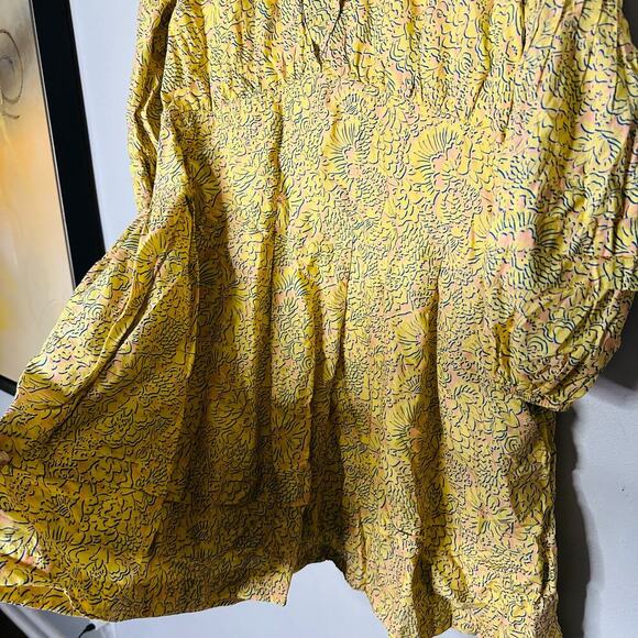 DEREK LAM COLLECTIVE Paisley Yellow Floral Puff Sleeves Flared Hemline Dress 48 - Picture 10 of 12